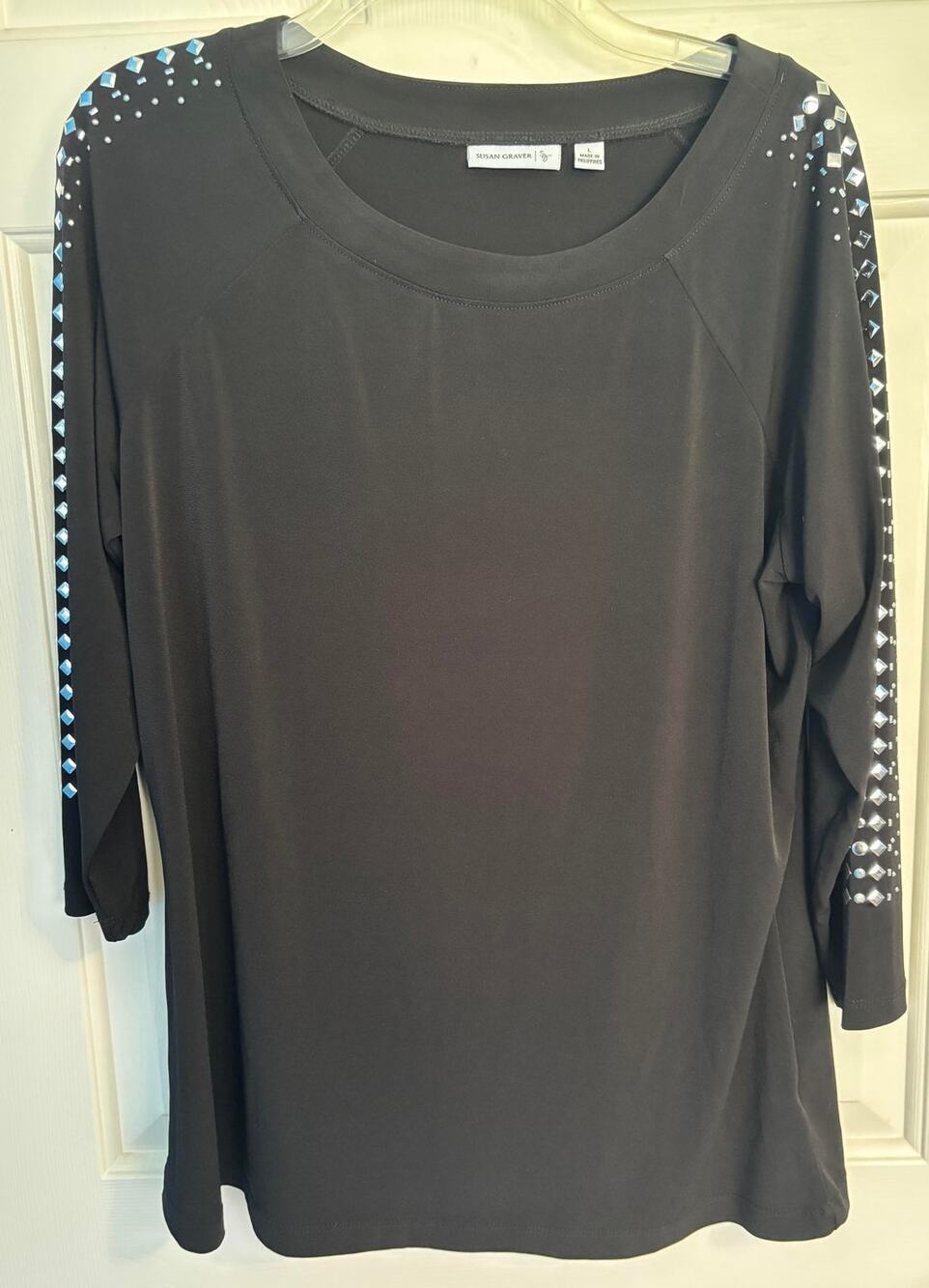 Susan Graver Liquid Knit Black Studded Rhinestone Sleeve Top L